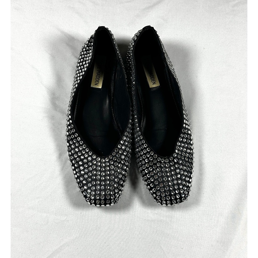 Steve Madden Matais Rhinestone Ballet Flats Black Crystal Square Toe  8M